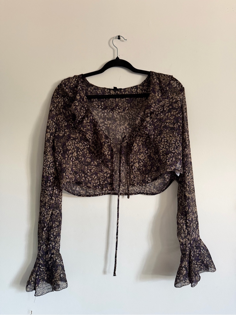 Sheer Floral Tie-Front Crop Blouse - Black/Beige Small
